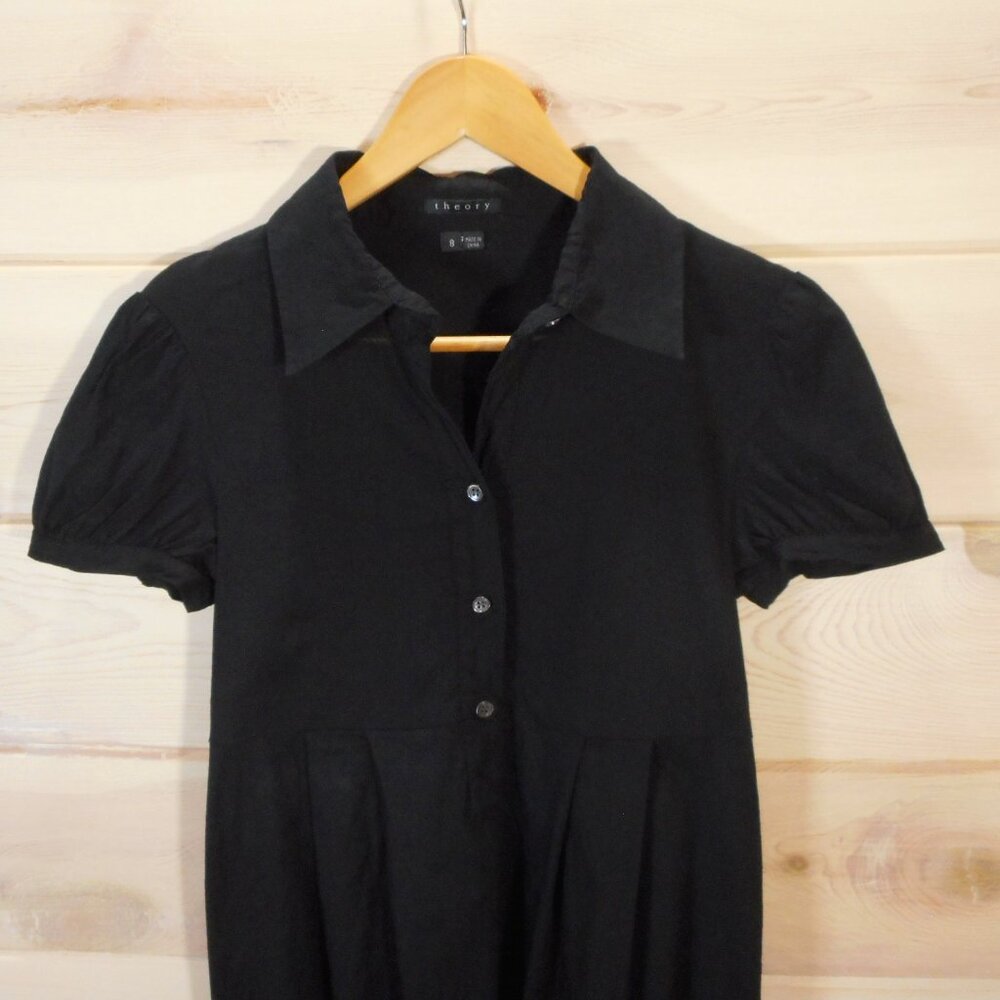 Theory Size 8 Bubble Hem Dress Short Sleeve 1/2 Button Solid Black Linen Blend - Picture 2 of 8